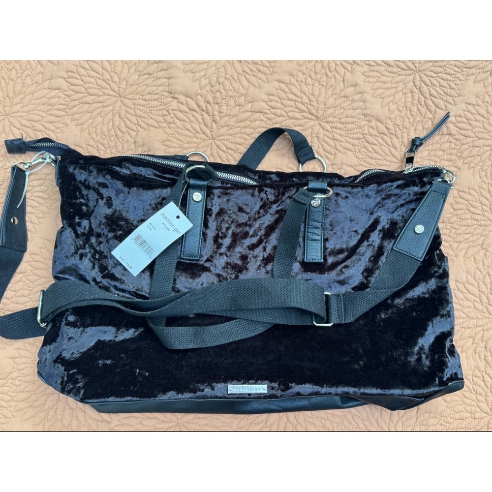 Madden Girl MG2030 Black Velvet Large Tote Bag Shoulder Travel Purse NWT